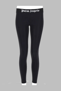 Palm Angels women’s black sportivo leggings with white logo across the waistband in stretchy athletic fabric