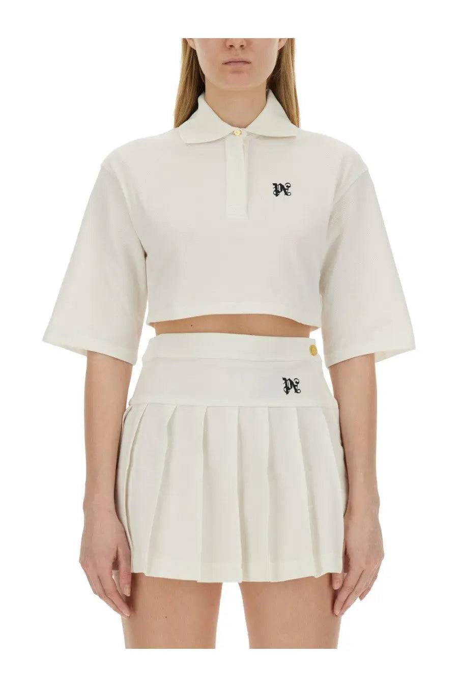 Palm Angels women’s cream-colored cropped polo shirt with short sleeves and small black embroidered chest logo