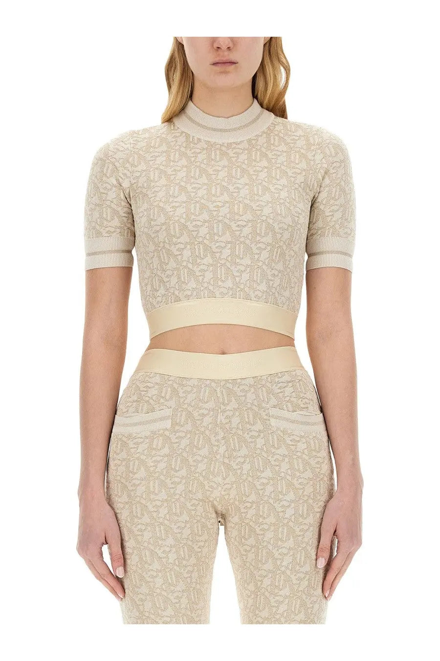 Beige cropped knit top with short sleeves and high neckline featuring subtle palm angels monogram pattern