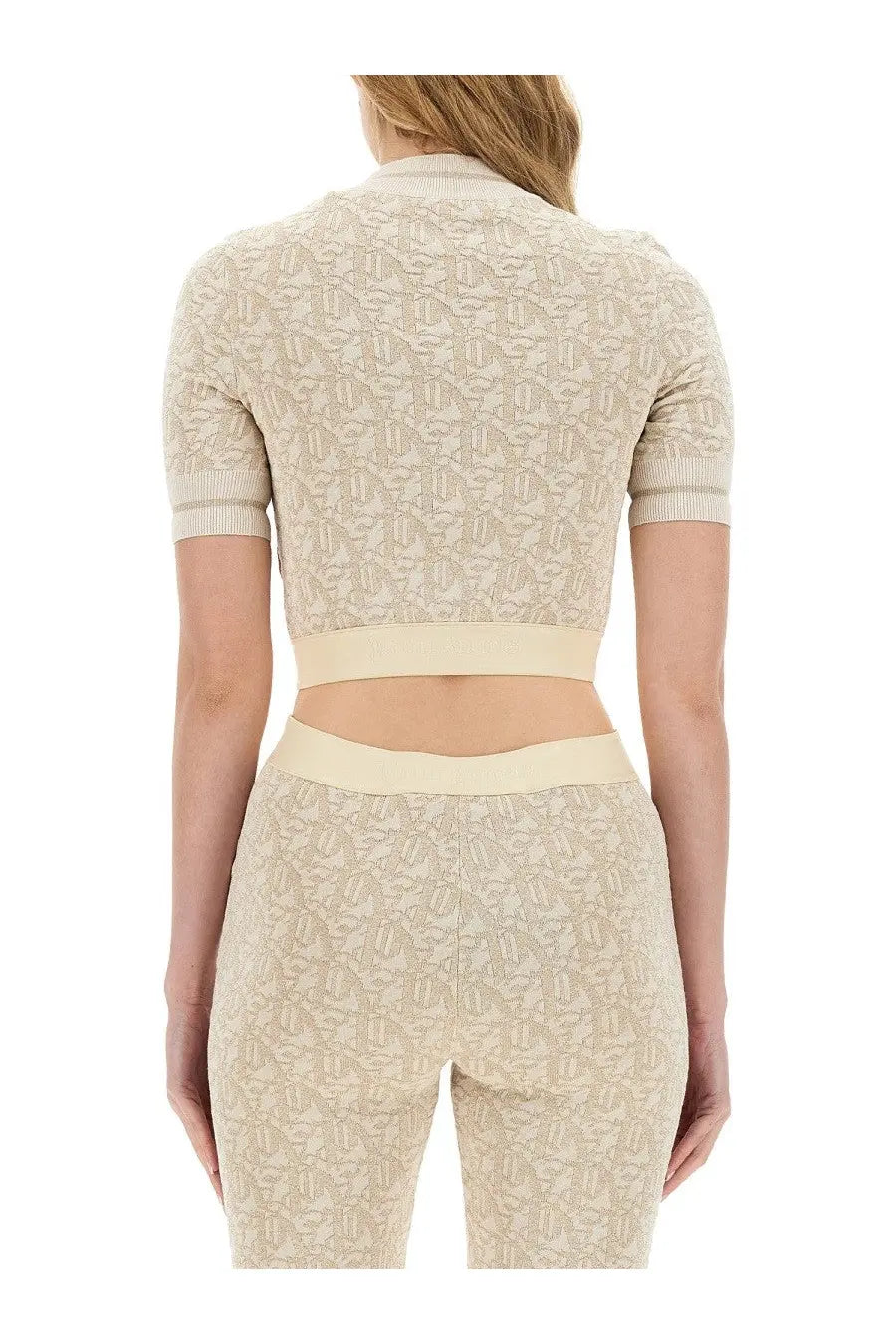 Beige cropped knit top with short sleeves and palm angels monogram pattern in jersey material for women