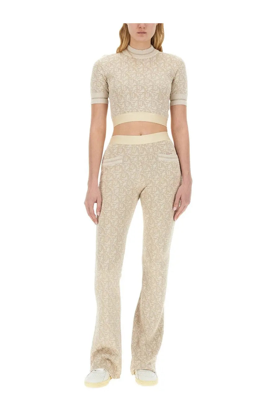 Beige patterned knit two-piece set with cropped top and flared pants from palm angels women’s monogram jersey white collection