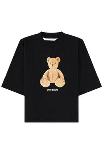 Black palm angels women shirt featuring a tan embroidered teddy bear with a pearl necklace and brand name print