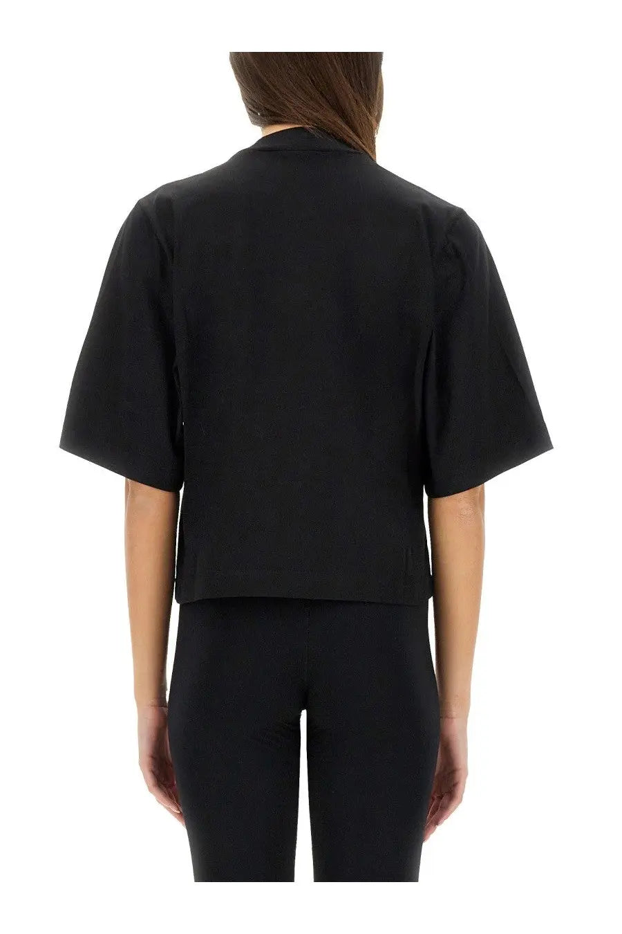 Palm angels women’s black cropped blazer with short sleeves and structured collar in a sleek fabric