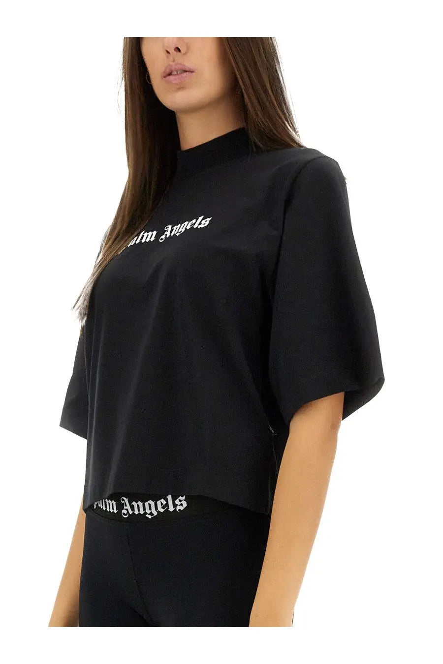 Black palm angels women’s shirt featuring white embroidered logo across the chest and hem in cotton fabric