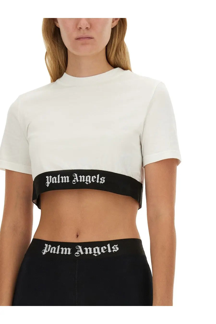 White cropped t-shirt with black band featuring palm angels logo in white embroidery for women