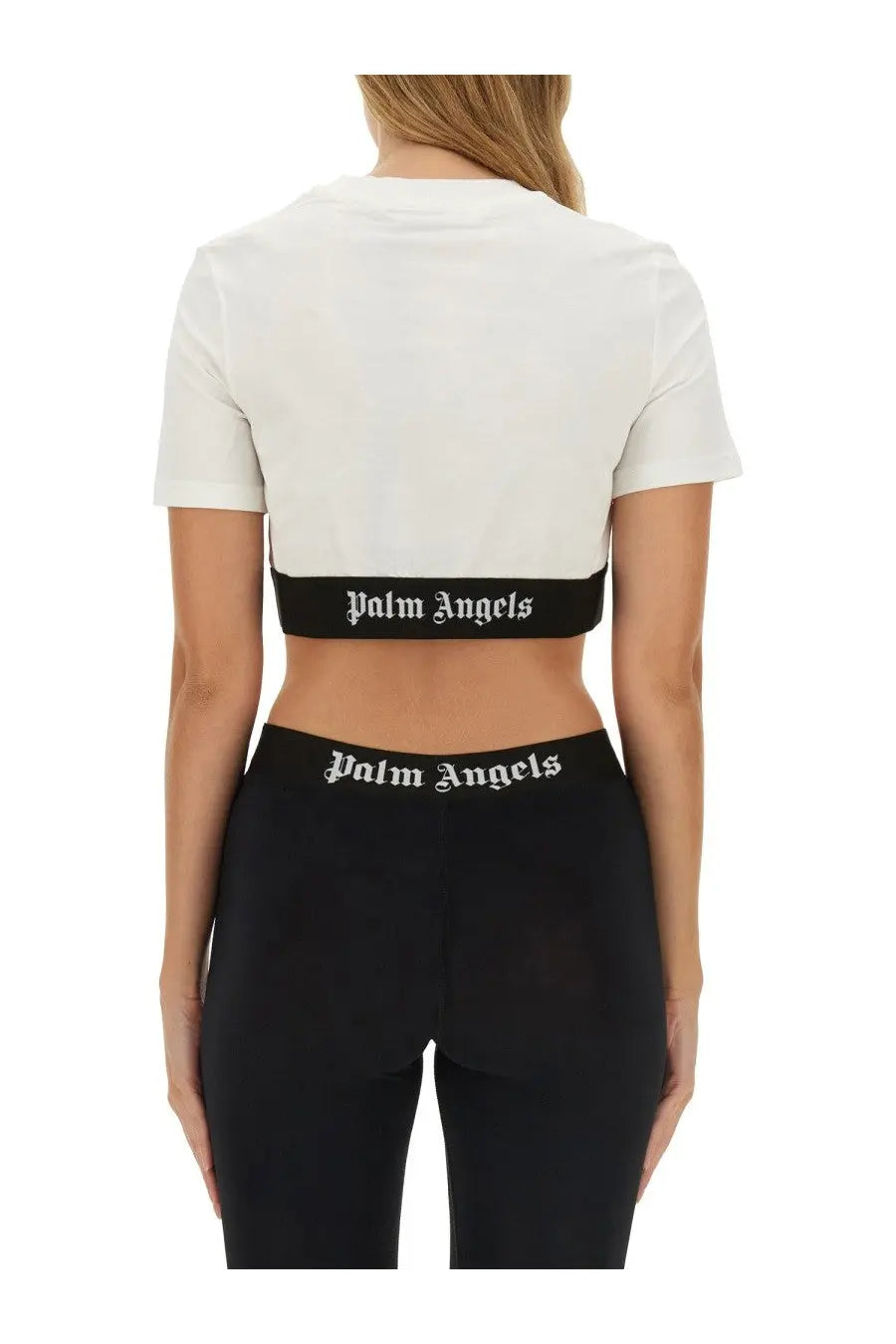 White short-sleeved crop top with black band and palm angels logo in white lettering for women