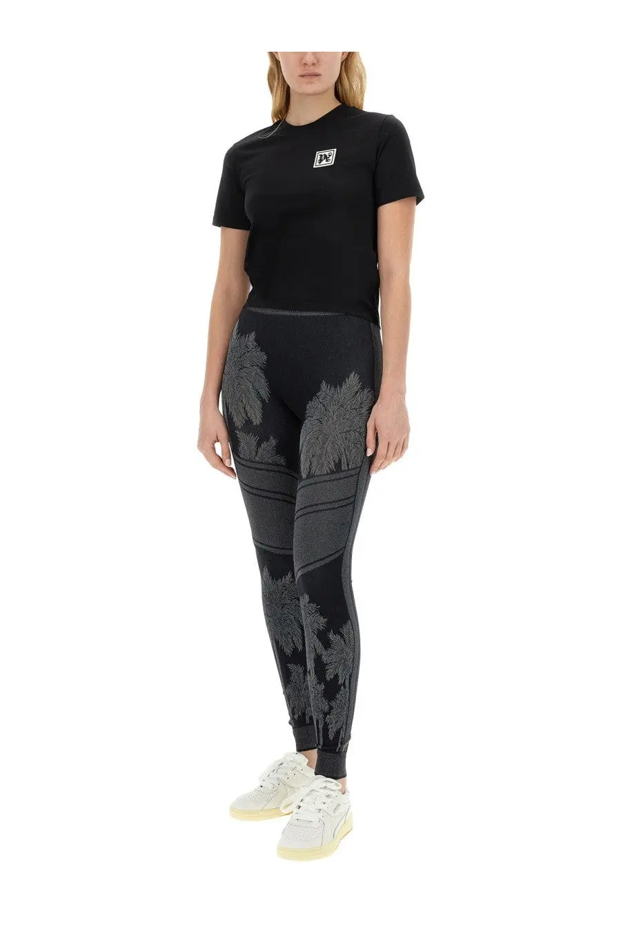 Black palm angels athletic leggings with subtle gray palm tree pattern and horizontal stripe detailing