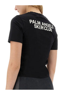 Back of black palm angels women’s short-sleeved t-shirt with white palm angels skin club lettering