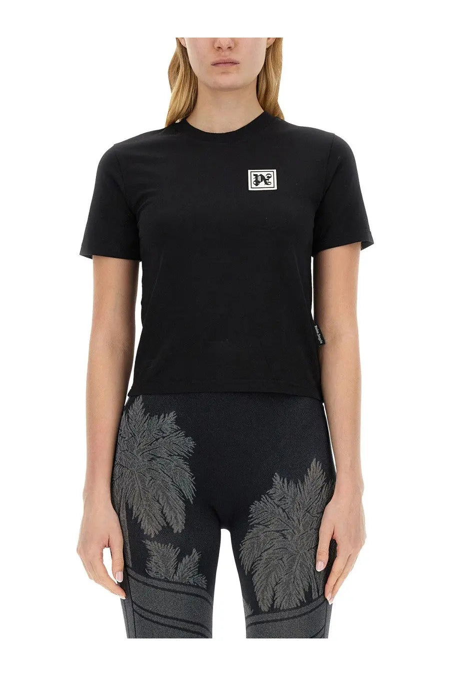 Palm Angels women’s black short-sleeved t-shirt with white rectangular logo patch on the chest for casual wear