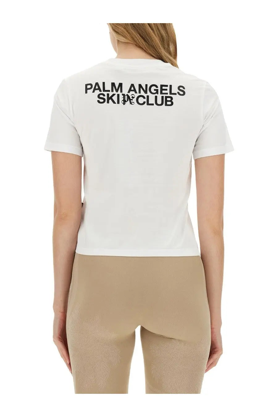 White palm angels women’s ski club shirt showing back with black printed logo on cotton fabric