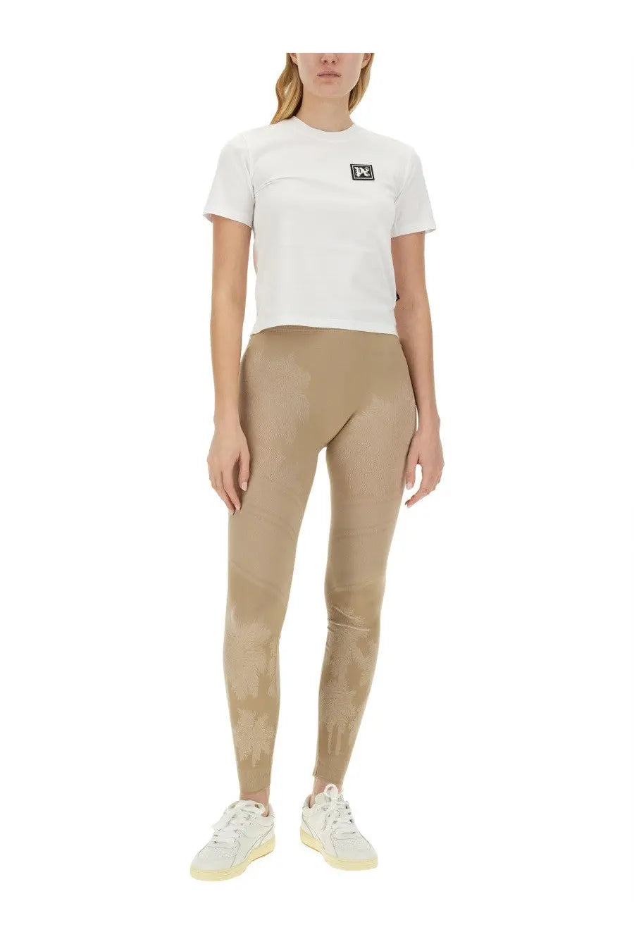 White cropped cotton t-shirt with small black palm angels logo on chest from palm ski club shirt collection