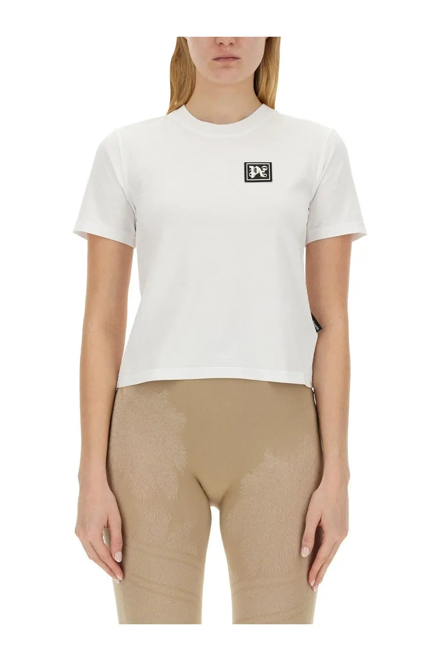 White short-sleeved cotton t-shirt with black rectangular palm angels logo patch on the chest for women