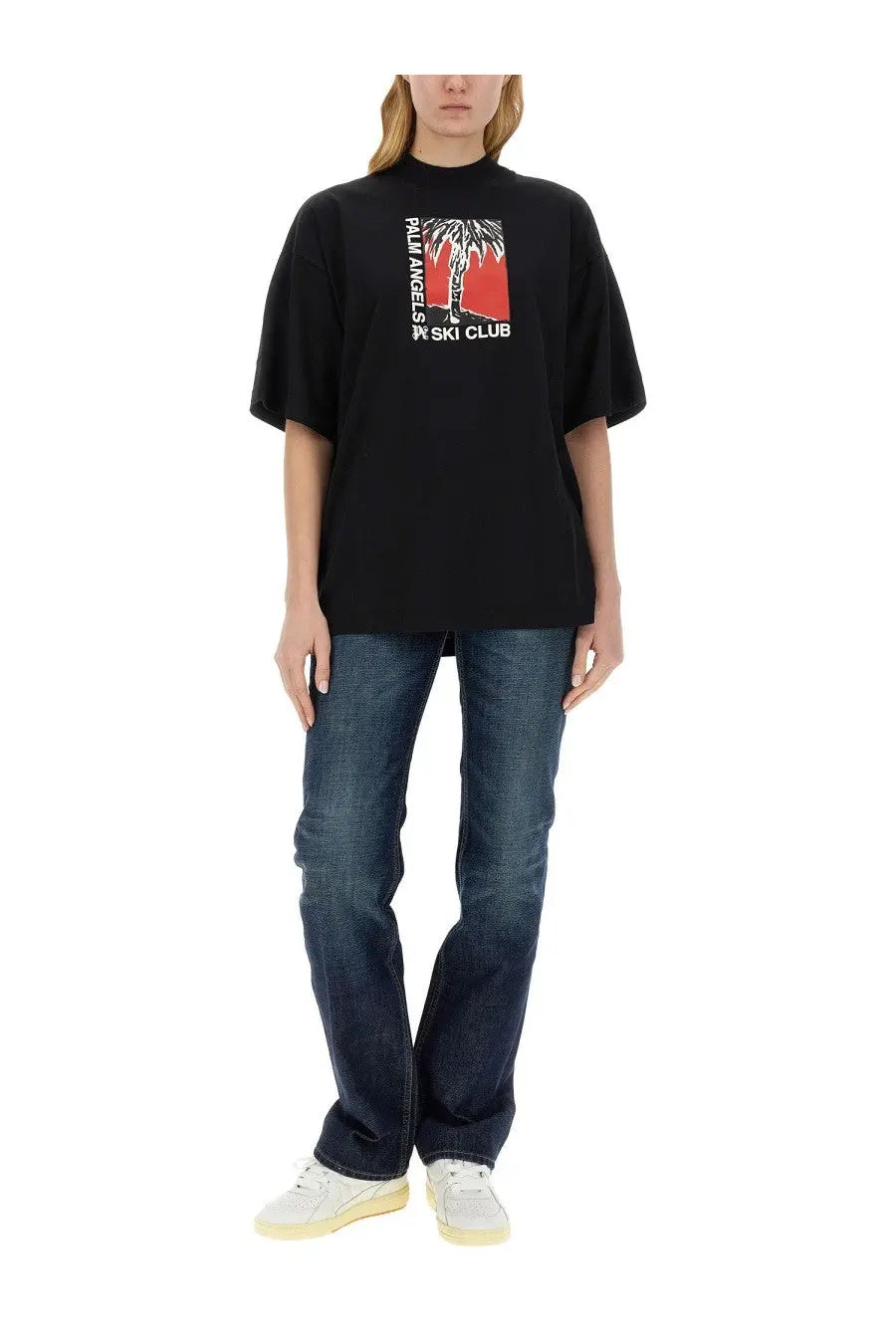 Black palm angels oversized ski club t-shirt with red palm tree graphic and white text for women