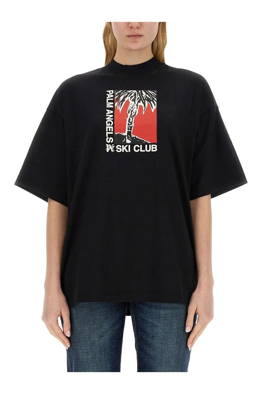 Black oversized palm angels women soft fit t-shirt with bold red palm tree graphic and ski club text in white