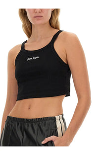 Black cropped tank top with white palm angels logo embroidered on the chest for women