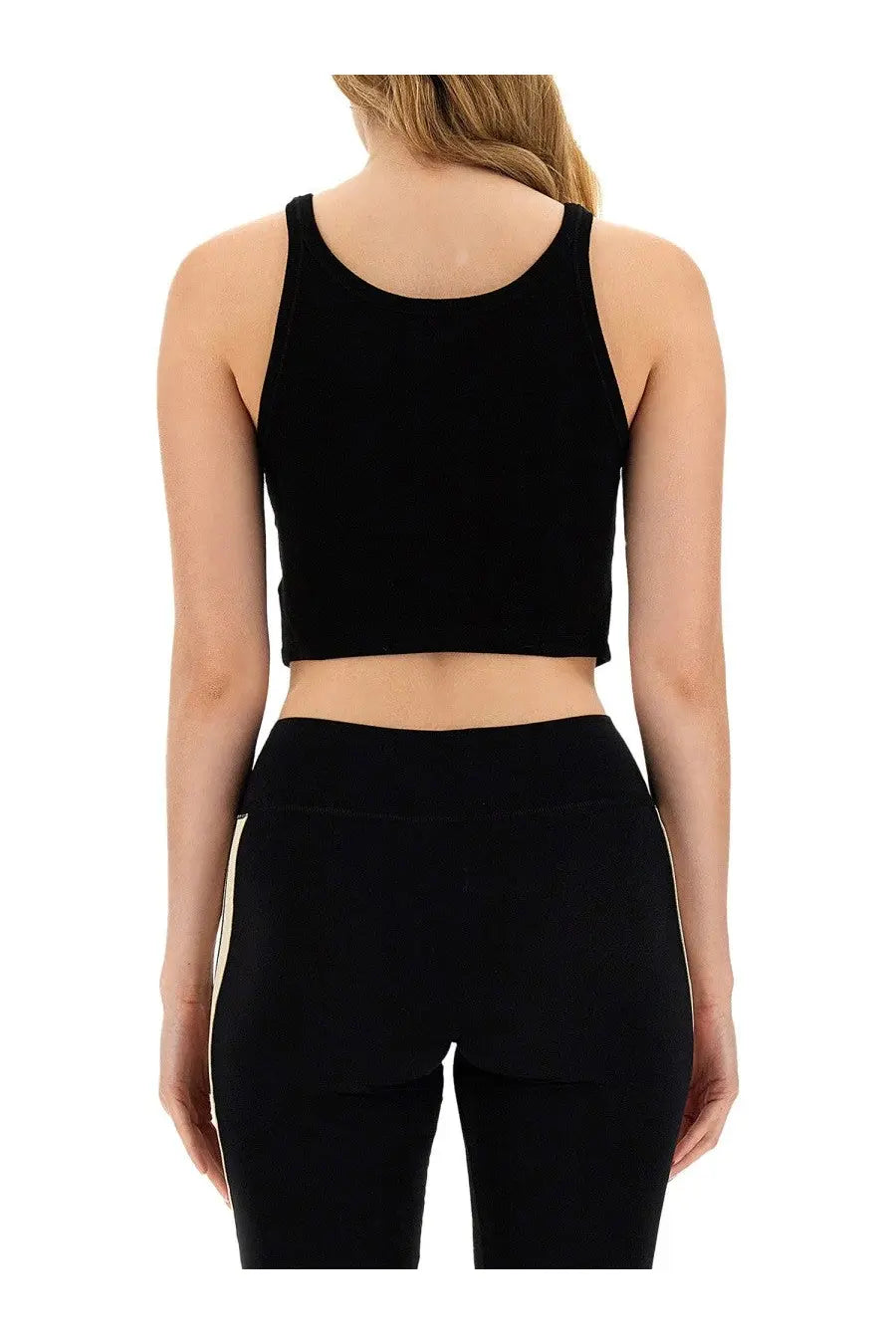 Palm angels women’s black cropped tank top with round neckline made from seamless stretchy fabric