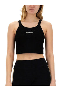 Black palm angels women’s cropped tank top with white embroidered logo on chest in cotton fabric