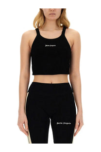 Black cropped tank top with white palm angels embroidery on the chest in palm angels womens tops black collection