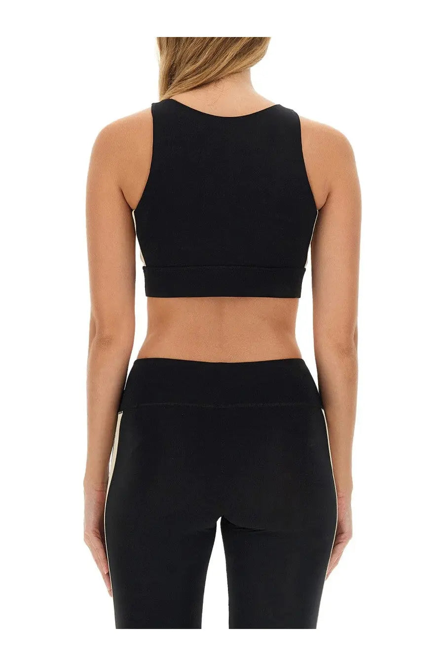 Black sleeveless crop top with ribbed waistband from palm angels womens tops collection in soft fabric