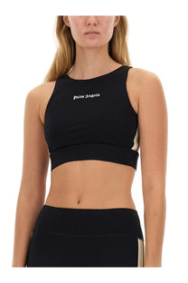 Palm angels women’s black sleeveless crop top with white logo on chest and beige side panels in cotton blend