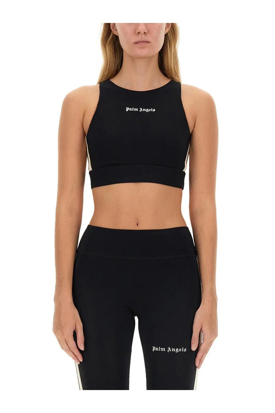 Black palm angels sports bra with white embroidered logo and side stripes in palm angels women’s tops black collection
