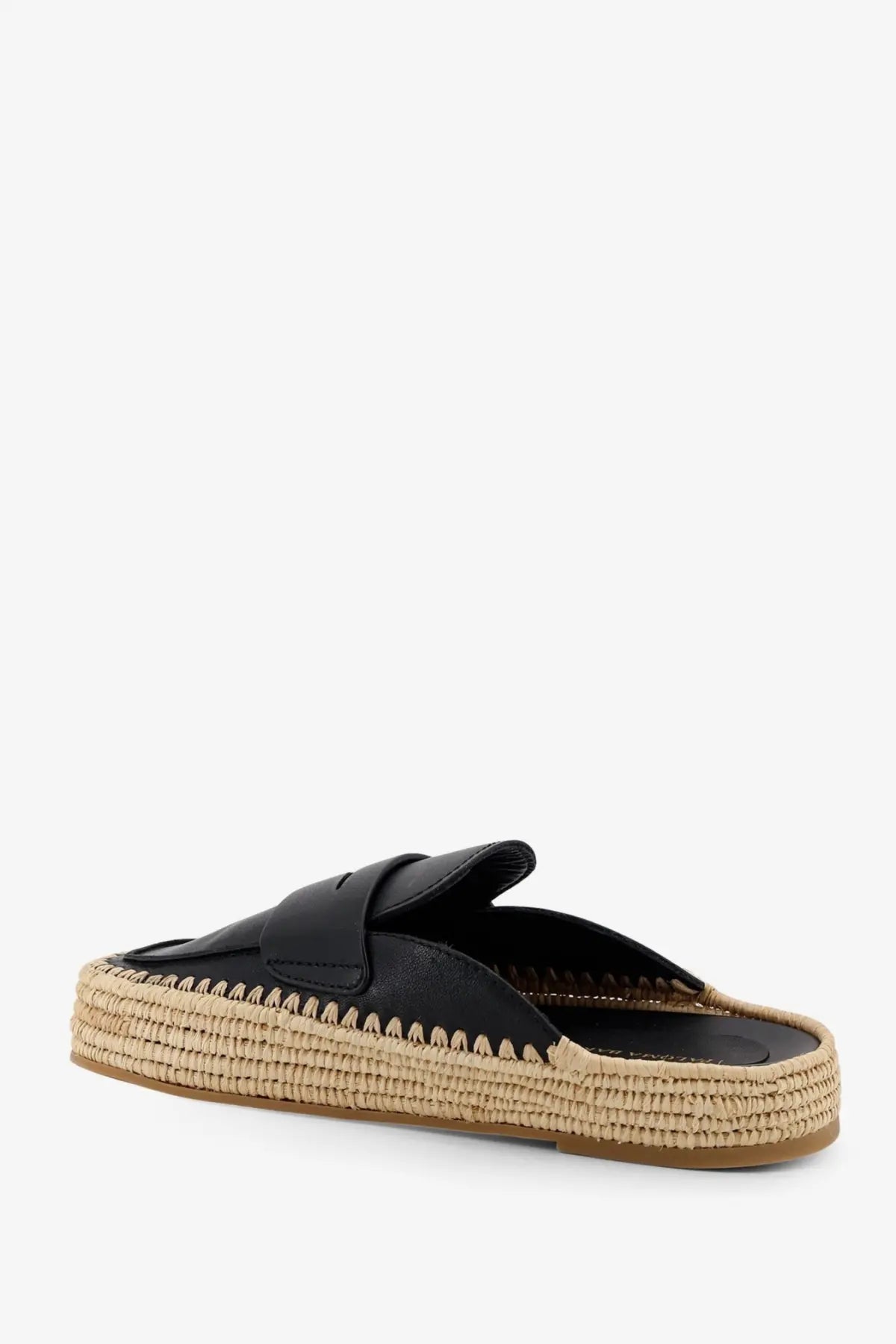 Black leather espadrille slip-on mule with woven jute sole and stitched detailing from paloma barcelo womens sandals