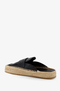 Black leather espadrille slip-on mule with woven jute sole and stitched detailing from paloma barcelo women’s belinda sandals