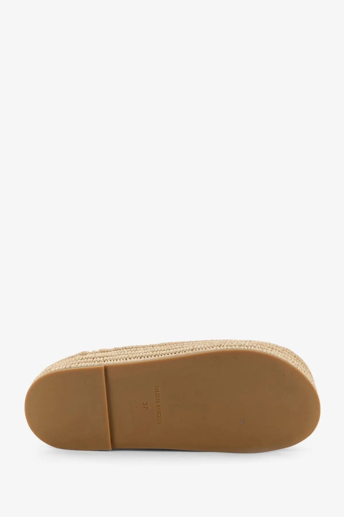 Beige woven espadrille flat shoe with tan rubber sole in Paloma Barcelo women’s Belinda leather and raffia sandals black style
