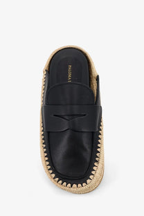 Paloma Barcelo women’s Belinda black leather slip-on loafer with woven espadrille sole and bow detail on toe