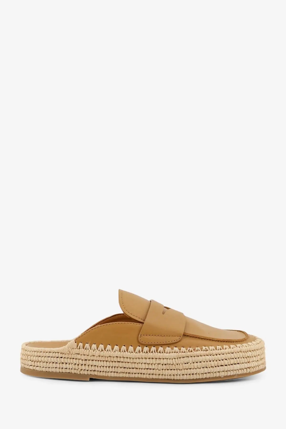Tan leather slip-on mule with woven raffia espadrille sole from paloma barcelo women’s belinda sandals yellow