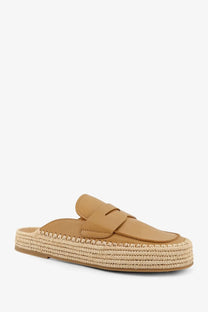 Tan leather espadrille slip-on loafer with woven jute sole from paloma barcelo women’s belinda leather sandals