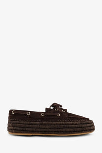 Brown suede boat shoe with woven espadrille sole and tied laces from paloma barcelo women’s penelope loafers