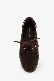 Brown suede boat shoe with woven espadrille sole and matching laces from paloma barcelo women’s penelope loafers