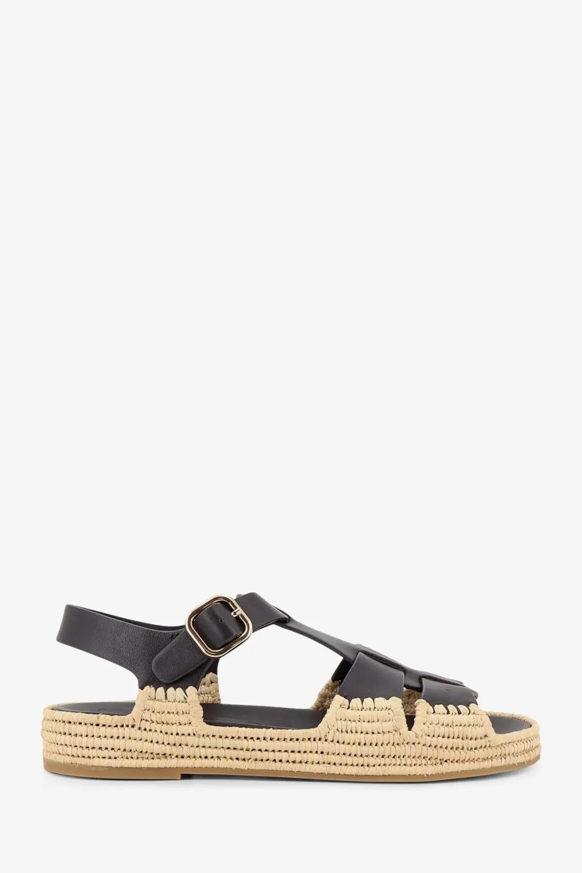 Black leather espadrille sandal with woven jute sole and gold-tone buckle by paloma barcelo women brown