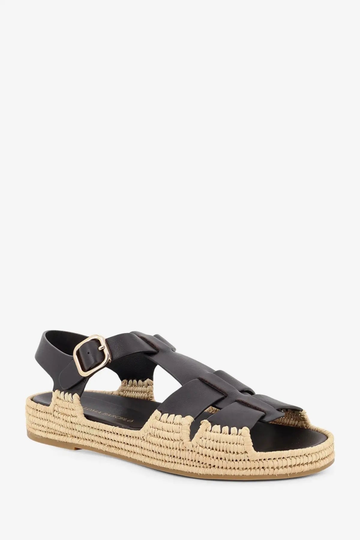 Paloma barcelo women brown yuka leather espadrille sandal with woven jute sole and gold-tone buckle
