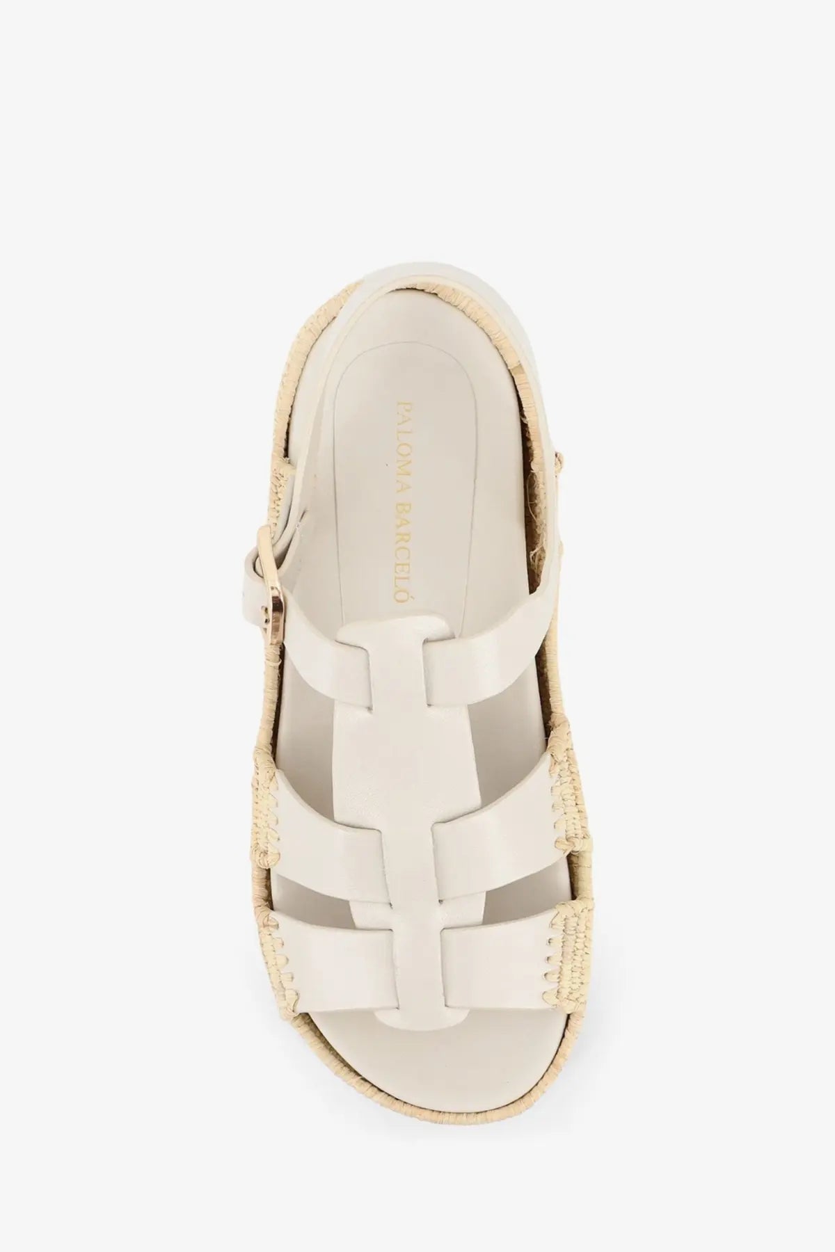 Paloma Barcelo women’s Yuka leather white espadrille wedge sandals with woven jute trim and t-shaped strap design