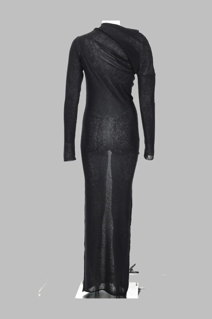 Paloma wool women’s abito jojo black long-sleeved lace gown with draped asymmetrical neckline and sheer textured fabric