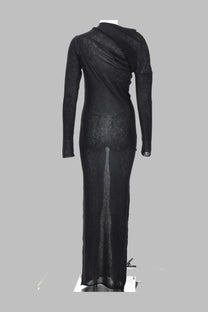 Paloma wool women’s abito jojo black long-sleeved lace gown with draped asymmetrical neckline and sheer textured fabric