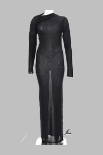 Paloma Wool women’s abito jojo black black lace long-sleeved gown with draped asymmetrical neckline and sheer mesh overlay