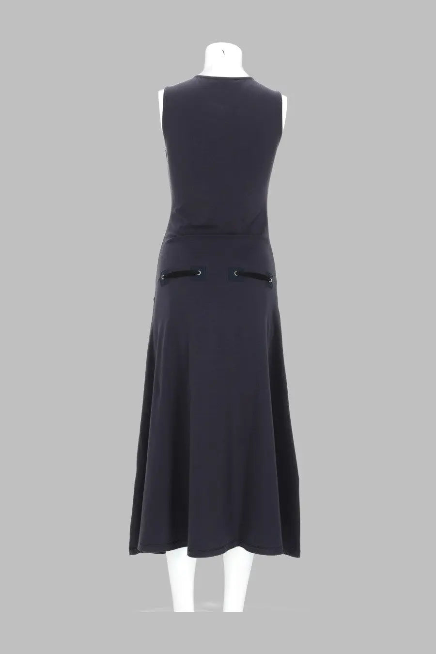 Paloma wool women’s abito midi suni blue black sleeveless midi dress with fitted bodice flared skirt and front pockets with fabric ties