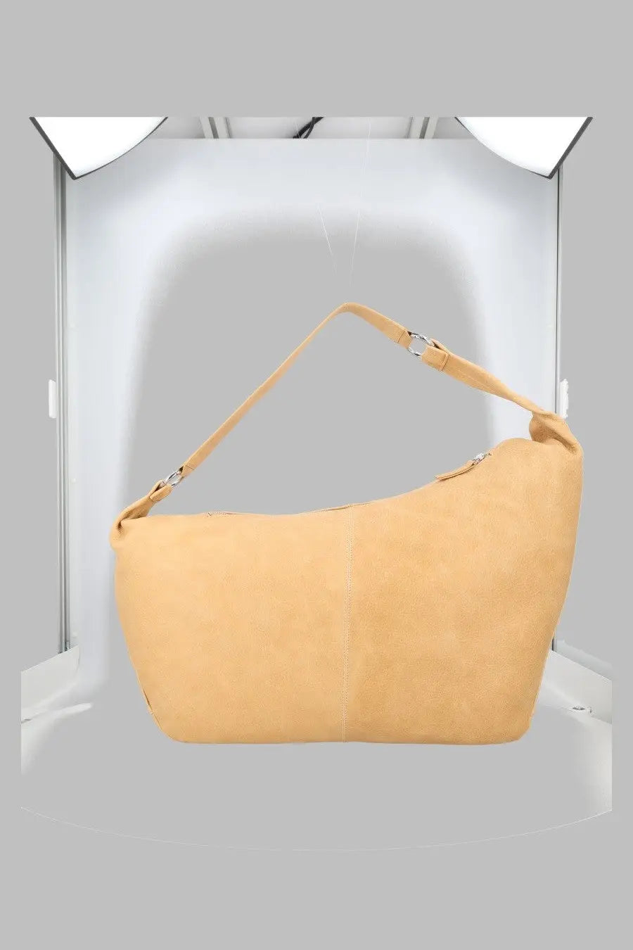 Beige suede hobo bag with a single shoulder strap and silver-toned hardware from Paloma Wool borsa big dry large