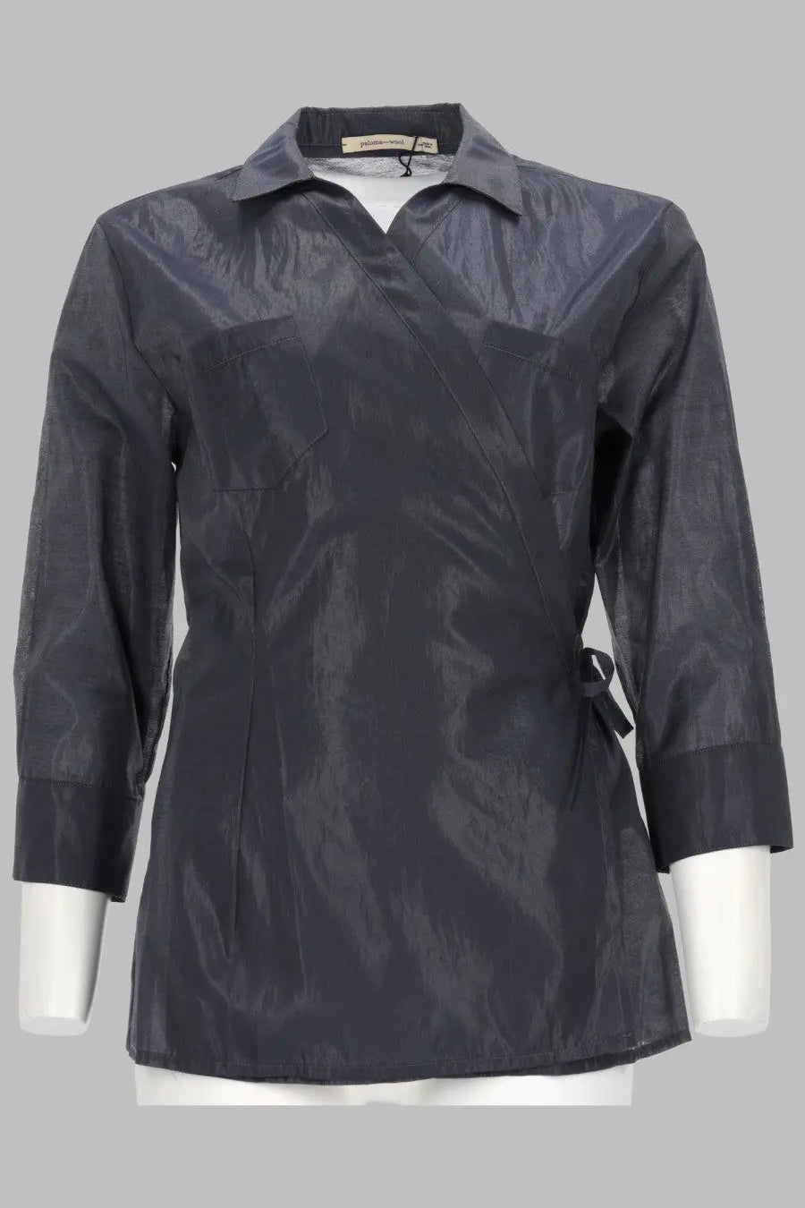 Paloma Wool women’s camicia wrap ricer blue dark gray glossy nylon wrap-front shirt with collar and three-quarter sleeves
