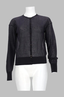 Paloma Wool women’s cardigan paige blue black sheer textured with solid ribbed cuffs waistband and button placket