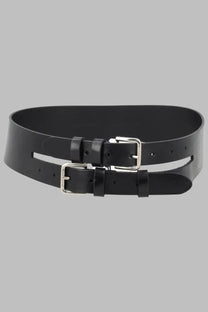 Paloma Wool women’s cintura penelope black leather belt with two silver-toned buckles and double-layer design