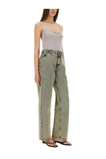 Wide-leg denim jeans in faded olive green with visible stitching and five-pocket design by Paloma Wool women’s jeans ispy blue