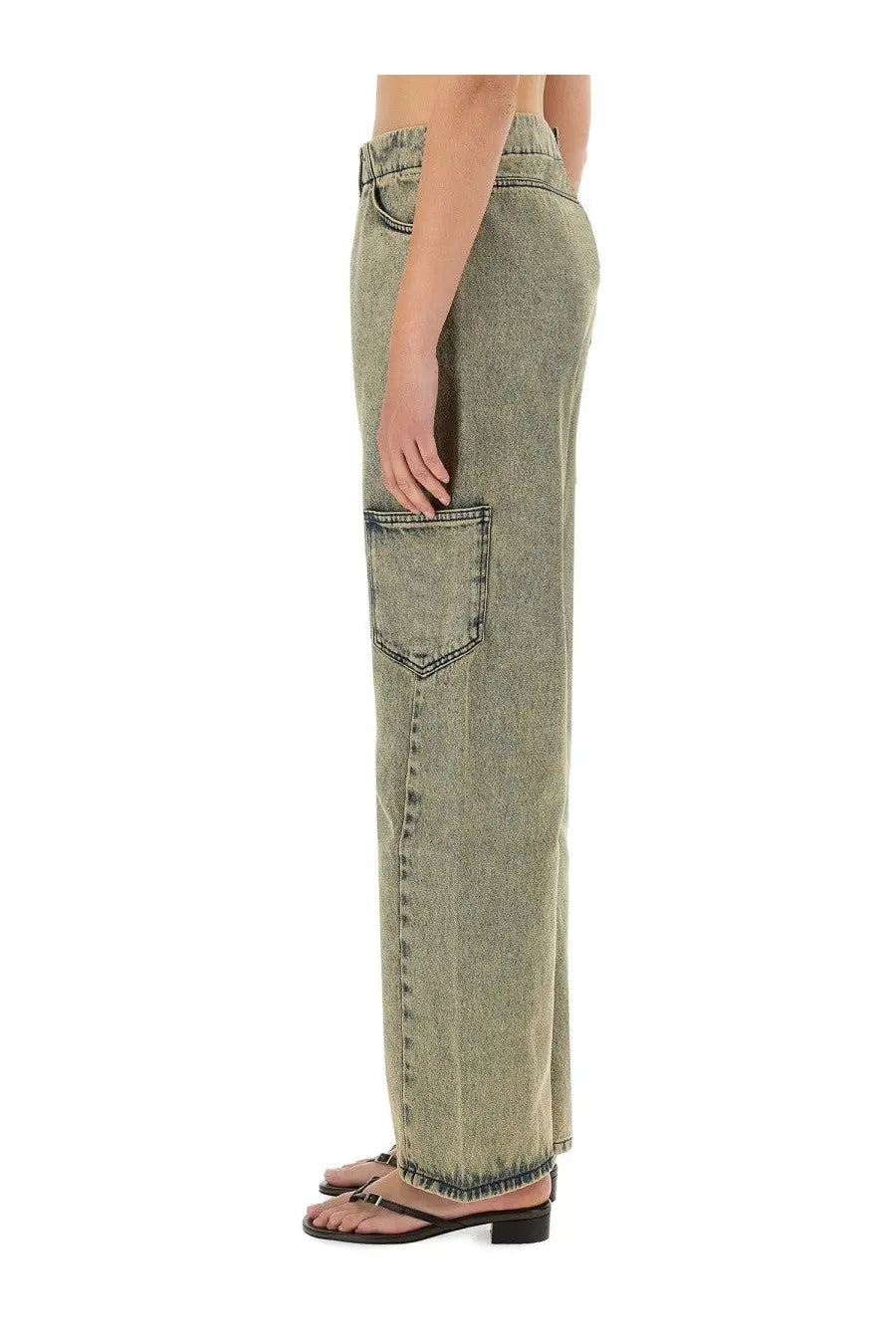 Paloma wool women’s wide-leg denim jeans in faded olive green with cargo pockets and raw hem detailing