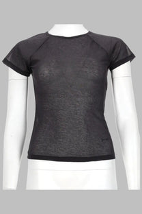 Paloma Wool women’s black short-sleeved shirt with sheer mesh panels and subtle textured pattern