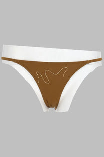 Brown and white thong bikini bottom with gold zigzag stitch detail from paloma wool women’s slip bikini sharpie brown
