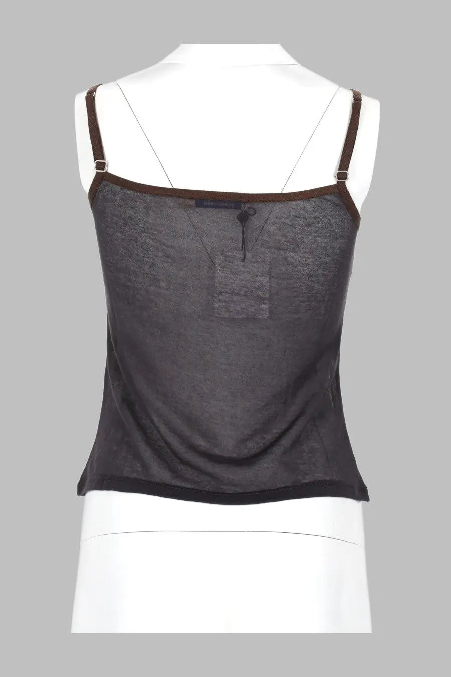 Paloma Wool women’s tank top Nasem grey sheer dark gray fabric with brown straps and a small front pocket