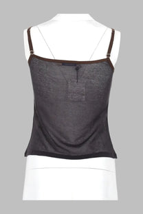 Paloma Wool women’s tank top Nasem grey sheer dark gray fabric with brown straps and a small front pocket